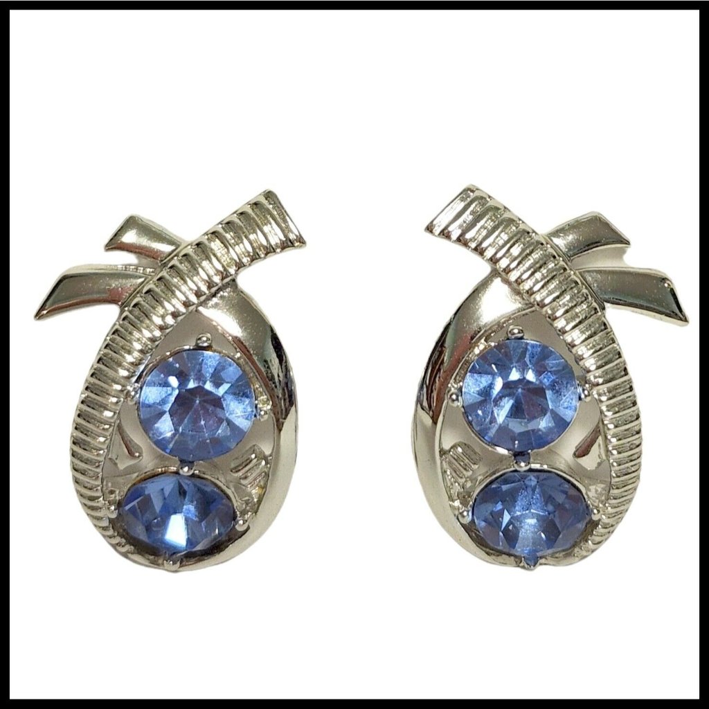 Vintage Kramer Signed Clip On Earrings Icy Light Blue Stones Swirl Oval